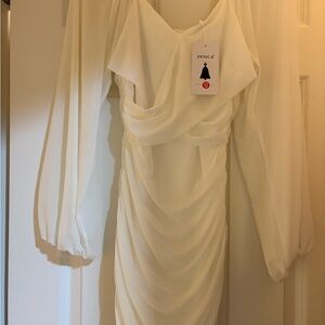 Zesica Ivory Long-Sleeve Draped Chiffon Dress